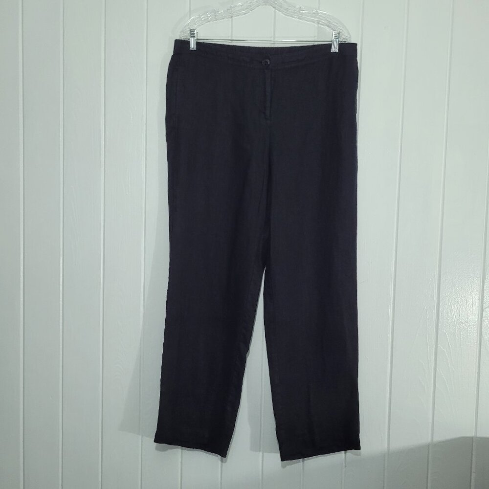Kim Rogers Women's Size 16 Petite Black 100% Linen Straight Leg Pants Pockets